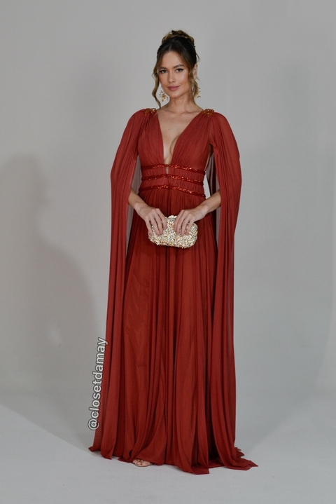 Vestido de festa longo, com babado em pedraria decote v - Terracota