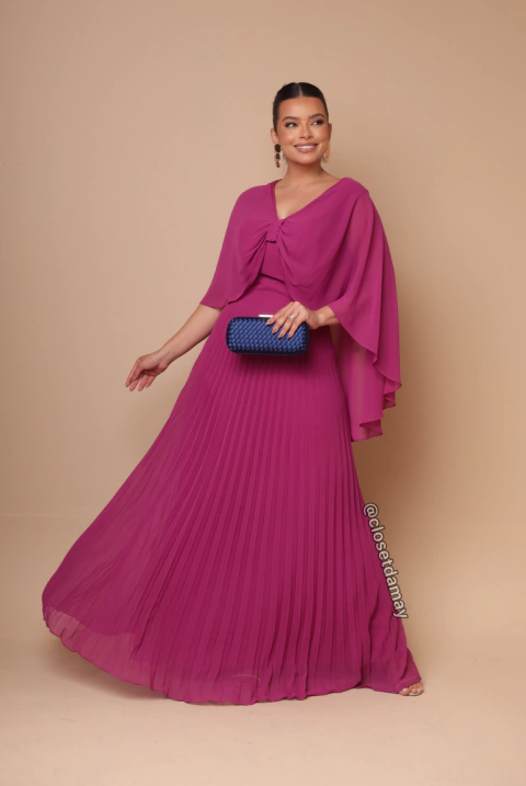 Vestido de festa longo, saia plissado com detalhe em laço - Fúcsia