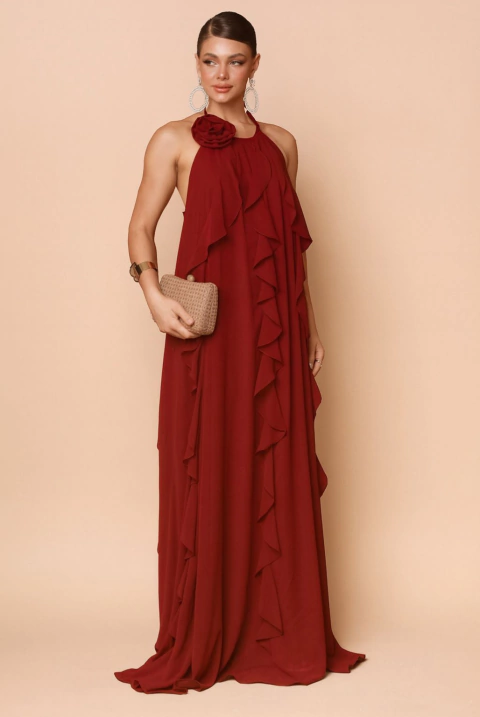 Vestido de festa longo, com flor removível com aplicação de babados - Marsala