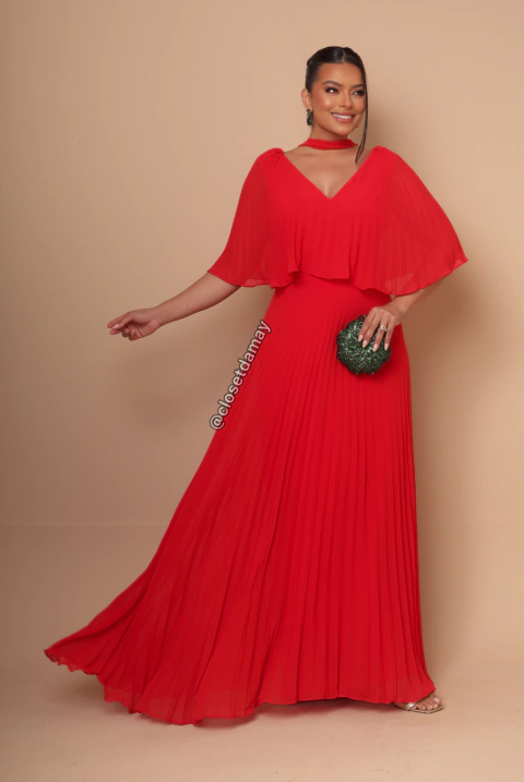 Vestido de festa longo, plissado com decote em v - Vermelho