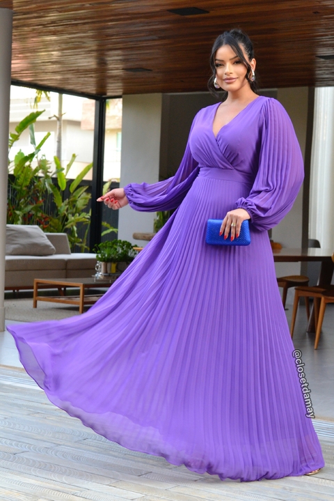 Vestido de festa longo, manga longa com decote em v - Roxo