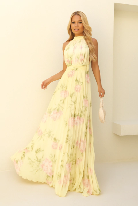 Vestido de festa longo, estampado, frente única e plissado - Amarelo