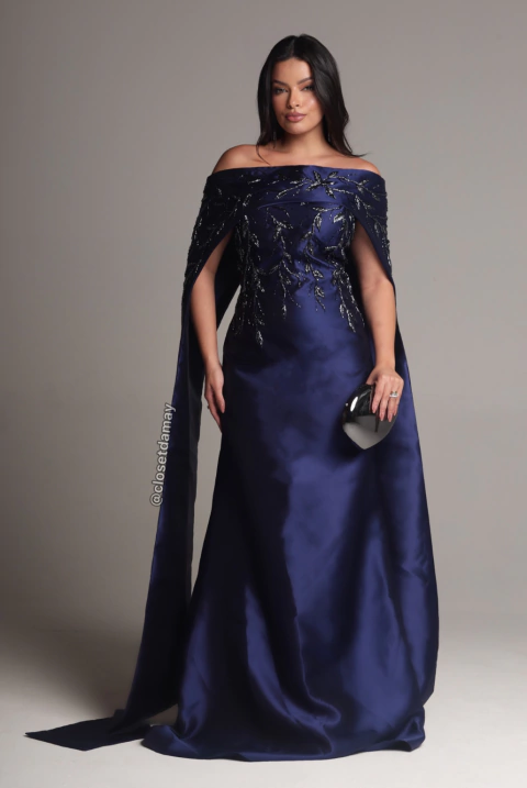 Vestido de festa longo, em zibeline, tomara que caia com bordados no busto - Azul Marinho