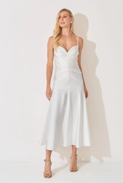 Vestido de festa midi, decote drapeado e alças finas - Off White