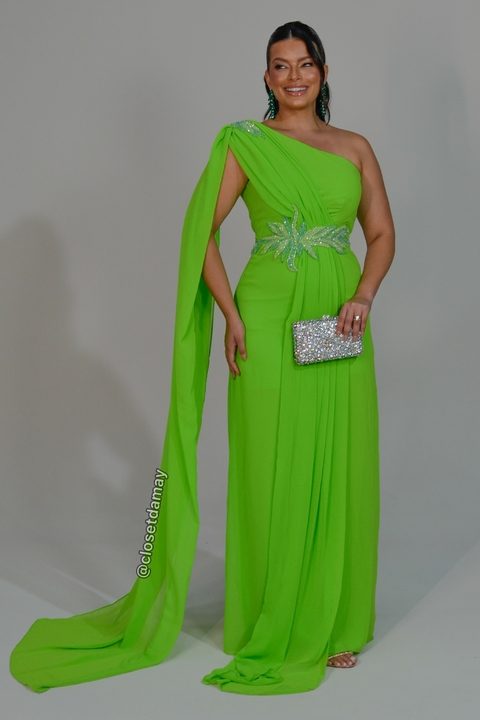 Vestido de festa longo, com decote assimétrico com manga capa e bordado - Verde Lima