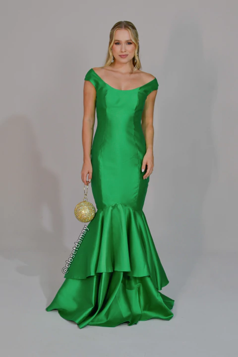 Vestido de festa longo sereia, ombro a ombro, manga curta e busto estruturado - Verde Bandeira