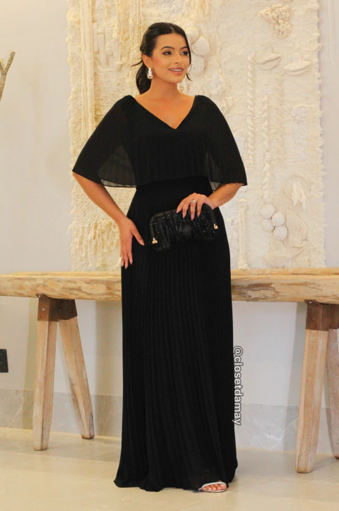 Vestido de festa longo plissado e busto sobreposto - Preto