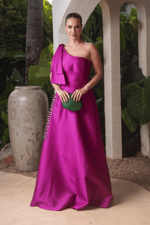 Vestido de festa longo, em zibeline, nula manga com laço - Roxo