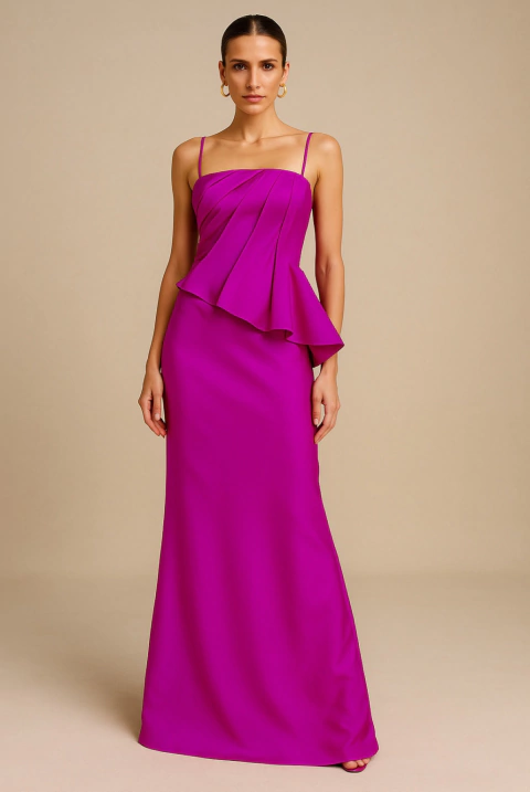 Vestido de festa longo, em zibeline, drapeado no busto, decote reto e alças finas - Fucsia