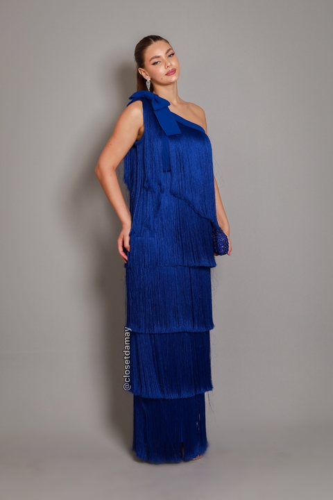 Vestido de festa longo, em franja e decote assimétrico - Azul Royal