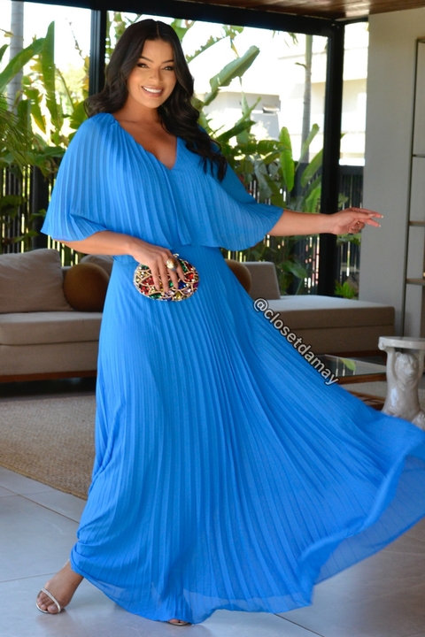 Vestido de festa longo plissado e busto sobreposto - Azul Caribe