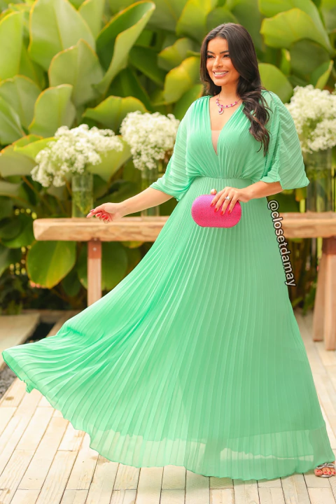 Vestido de festa longo, com capa e plissado - Verde Menta