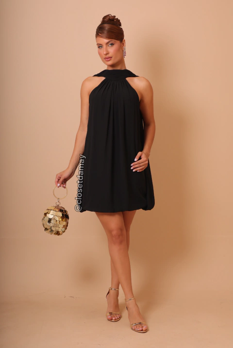 Vestido de noiva curto, decote drapeado, frente única - Preto