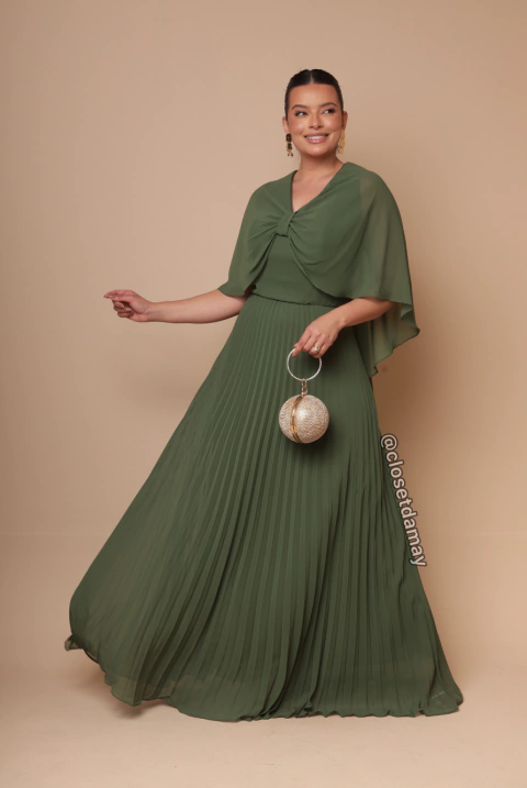 Vestido de festa longo, saia plissado com detalhe em laço - Verde Oliva