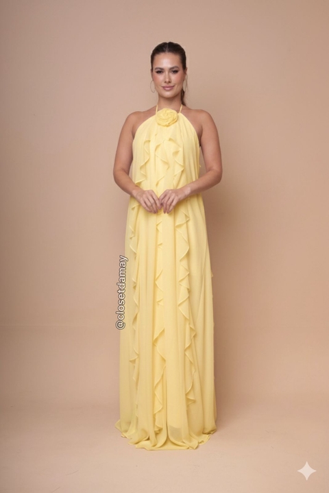 Vestido de festa longo, com flor removível com aplicação de babados - Amarelo