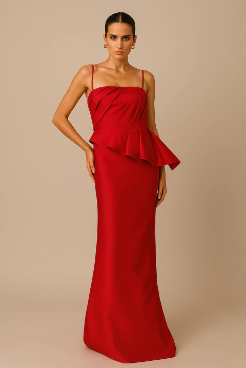Vestido de festa longo, em zibeline, drapeado no busto, decote reto e alças finas - Vermelho