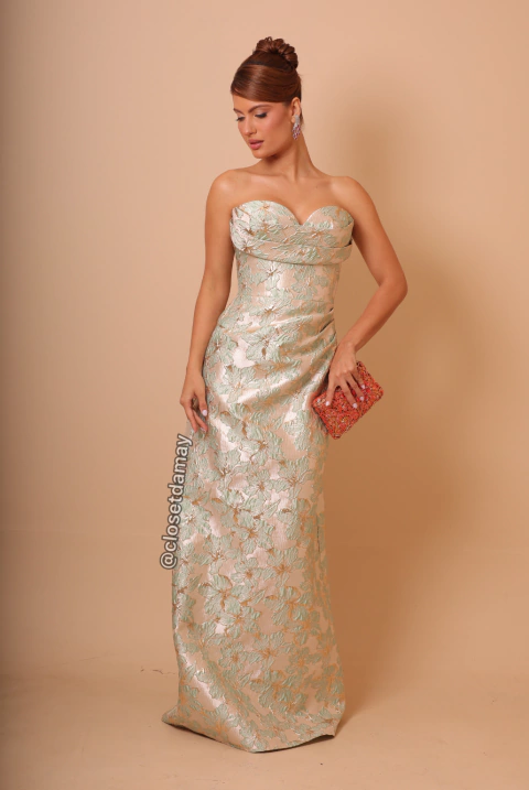 Vestido de festa longo, tomara que caia, decote coração e drapeado - Verde Menta