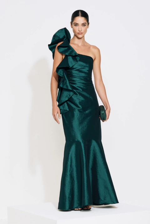 Vestido de festa longo, em tafetá, decote assimétrico e modelagem sereia - Verde Floresta