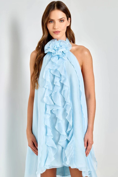 Vestido de festa curto, frente única com capa fixa - Azul Claro