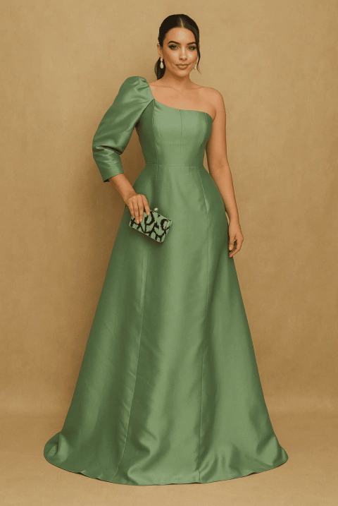 Vestido de festa em zibeline, nula manga e saia evasê - Verde Oliva
