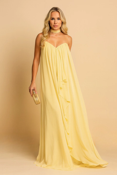 Vestido de festa longo, tomara que caia, com decote em v e franzido - Amarelo