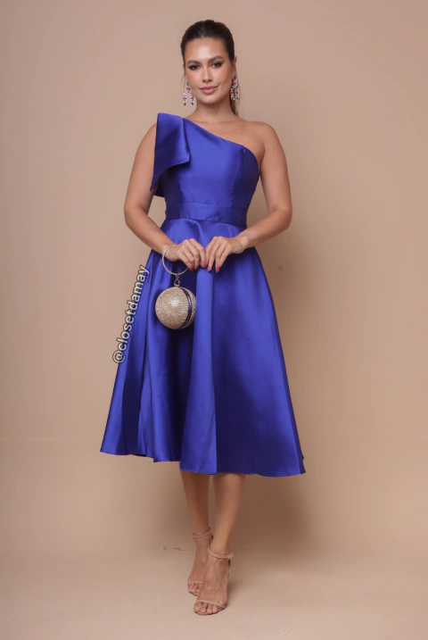 Vestido de festa midi, decote assimétrico com detalhe laço - Azul Royal