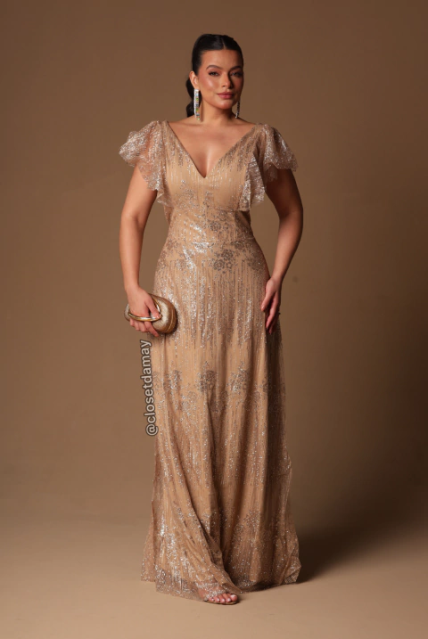 Vestido de festa longo, decote em V, manga curta e tule bordado - Dourado