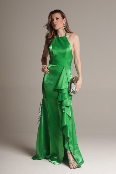 Vestido de festa longo, frente única com detalhe de babado - Verde Bandeira