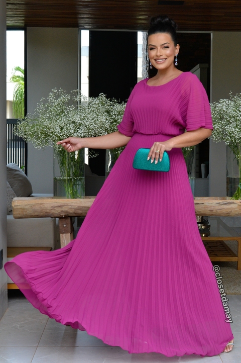 Vestido de festa longo, plissado com decote redondo - Fúcsia