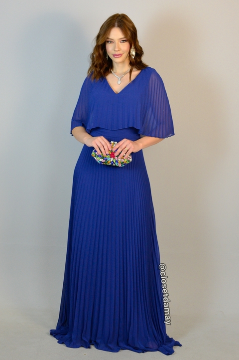 Vestido de festa longo plissado e busto sobreposto - Azul Royal