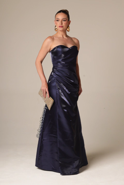 Vestido de festa longo, em zibeline glow, tomara que caia e drapeado lateral - Azul Marinho