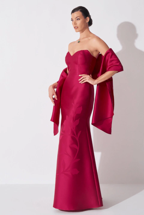 Vestido de festa longo, tomara que caia com echarpe - Rosa Pink