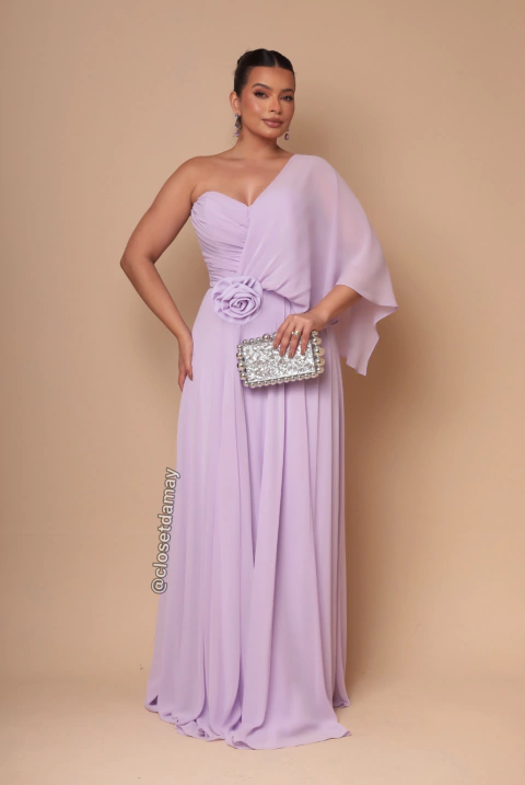 Vestido de festa longo, decote assimétrico com flor removível - Lilás