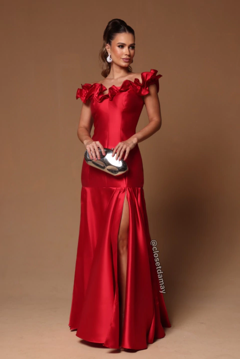 Vestido de festa longo, em zibeline, ombro a ombro e babado estruturado no busto - Vermelho
