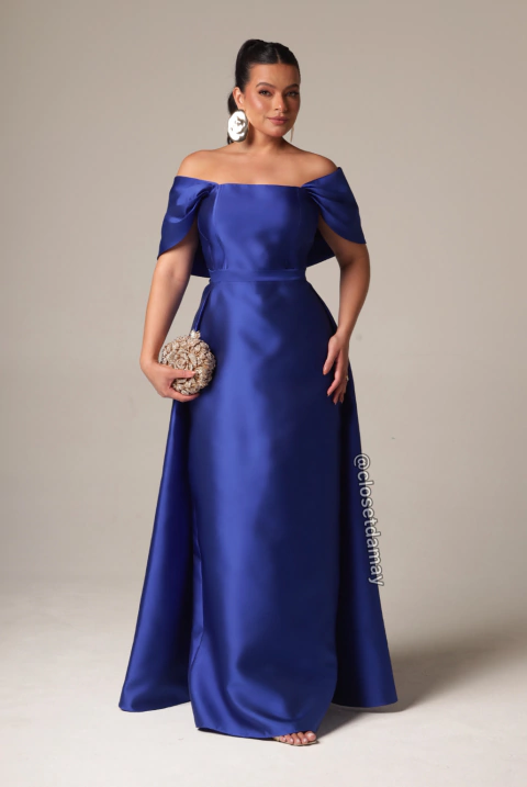 Vestido de festa longo, em corset, ombro a ombro e saia sobreposta e removível - Azul Royal