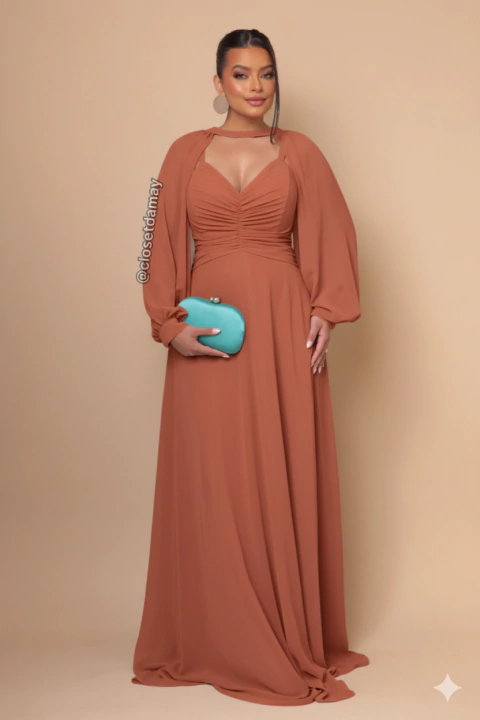 Vestido de festa longo com manga longa removível - Terracota