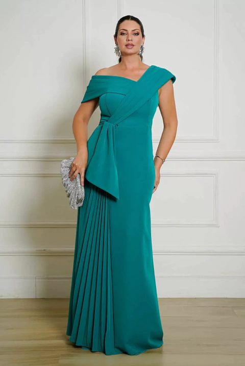 Vestido de festa longo, decote assimétrico com detalhe de laço e saia plissado - Verde Esmeralda