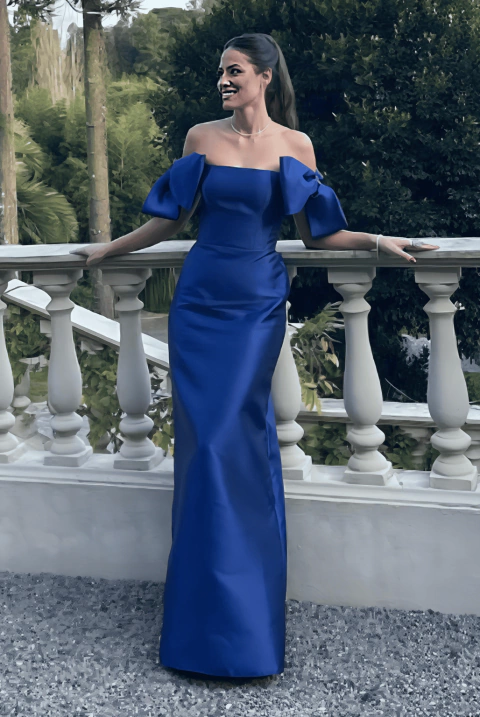 Vestido de festa longo, ombro a ombro, busto estruturado e cauda sobreposta - Azul Marinho