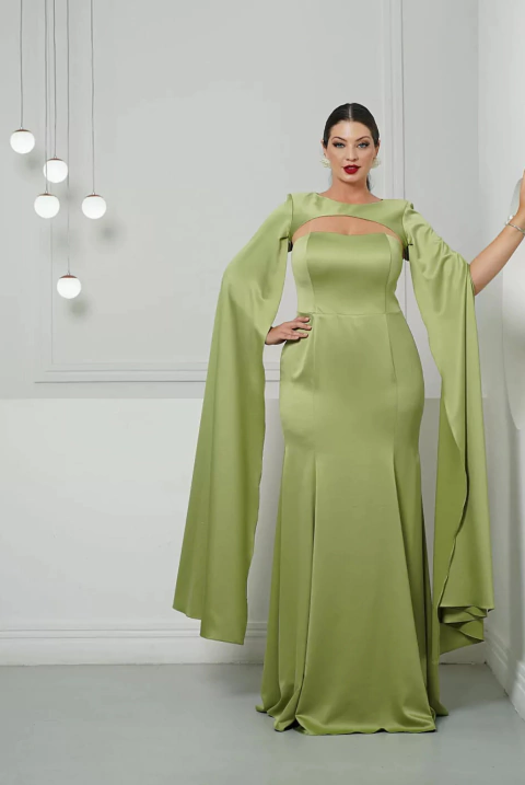Vestido de festa longo plus size, tomara que caia com sobreposição de capa removível - Verde Pistache