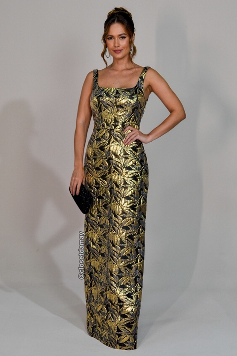 Vestido de festa longo, com decote quadrado com alças finas - Preto