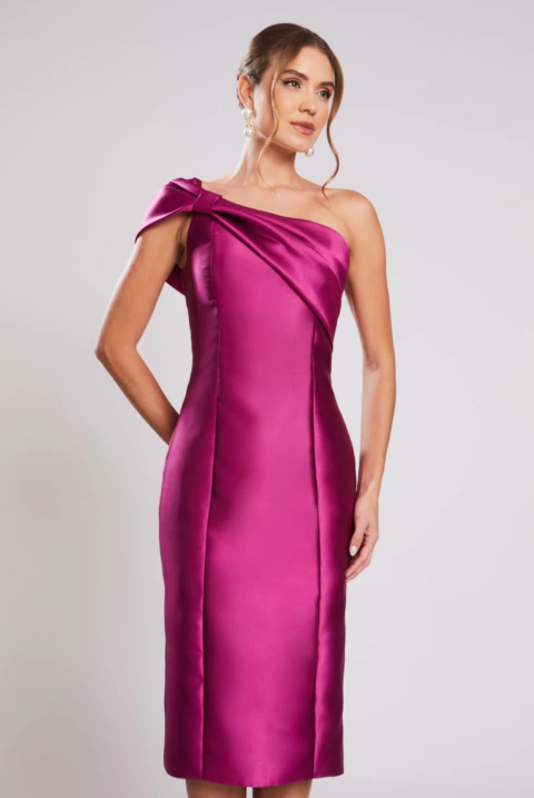 Vestido de festa midi, decote assimétrico com detalhe de laço - Fúcsia