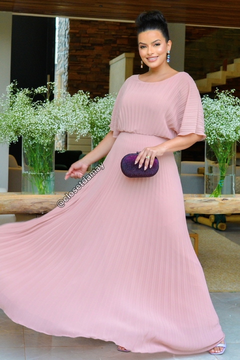 Vestido de festa longo, plissado com decote redondo - Rose