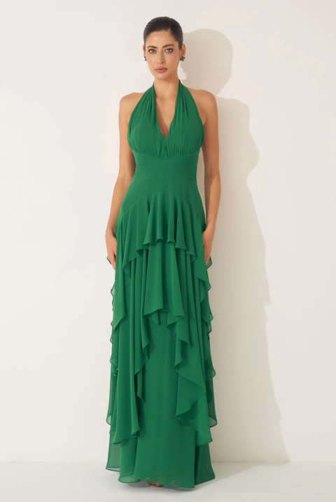 Vestido de festa longo, frente único, decote em v com camadas assimétricas - Verde Esmeralda