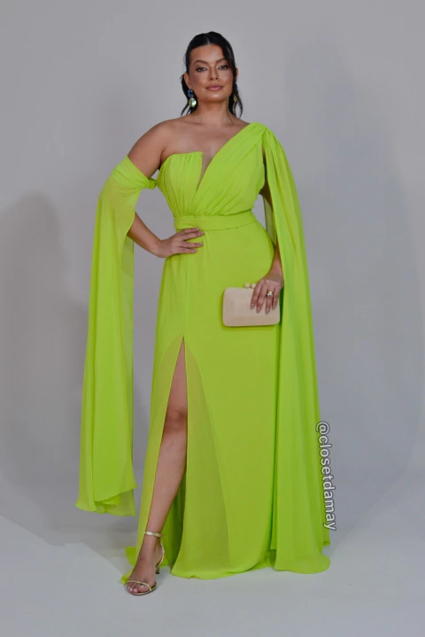 Vestidos de festa longo, em Chiffon, nula manga, busto drapeado e capa removível - Verde Lima
