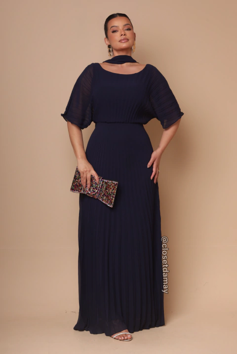 Vestido de festa longo, plissado com decote redondo - Azul Marinho