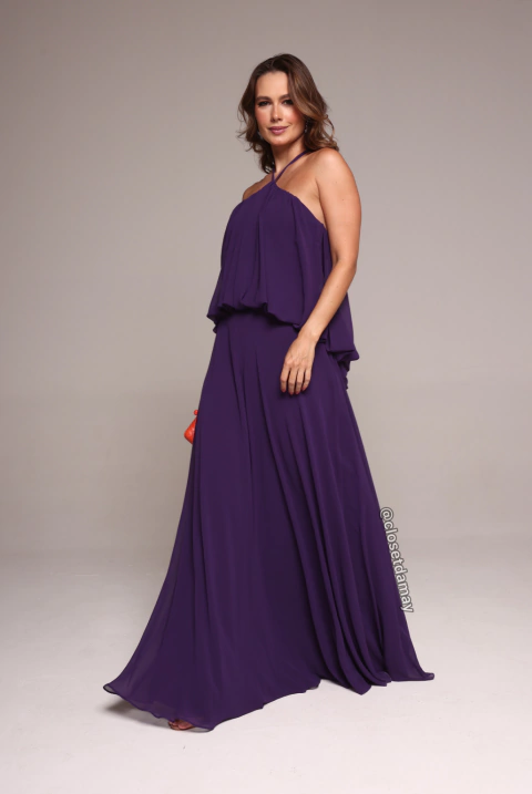 Vestido de festa longo, frente única, franzido e saia rodada - Roxo