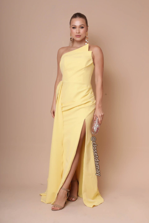 Vestido de festa longo, tomara que caia e busto drapeado - Amarelo