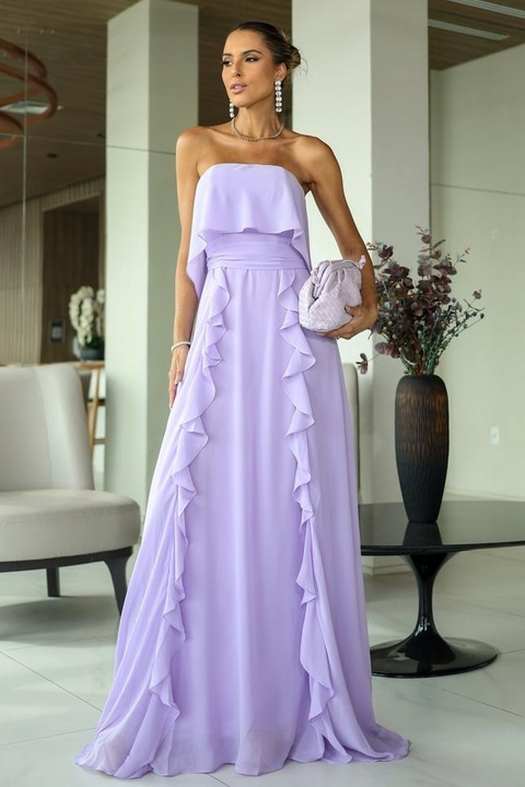 Vestido de festa longo, tomara que caia, com babados e modelagem fluída - Lavanda
