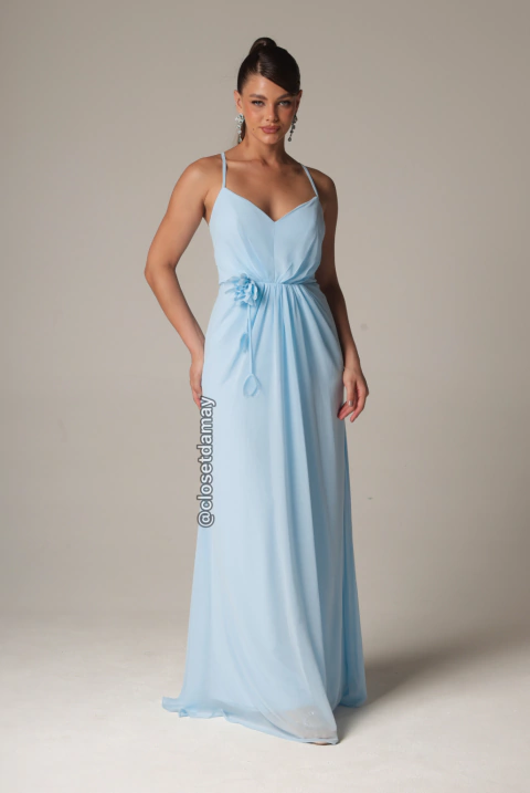 Vestido de festa longo, alças finas, decote cruzado e franzidos centrais - Azul Serenity