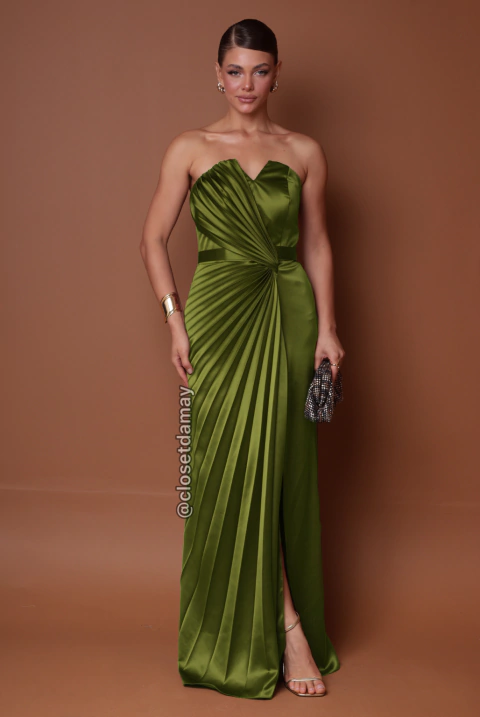 Vestido de festa longo, tomara que caia com detalhe plissado - Verde